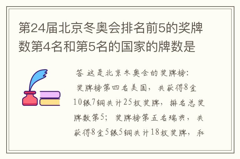 第24届北京冬奥会排名前5的奖牌数第4名和第5名的国家的牌数是多少?