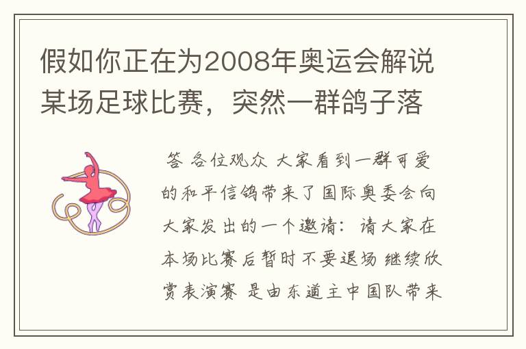 假如你正在为2008年奥运会解说某场足球比赛,突然一群鸽子落在球场上,比赛暂停,这时你将如何向观众解说