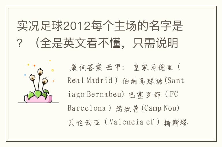 实况足球2012每个主场的名字是?(全是英文看不懂,只需说明真实存在的球场)