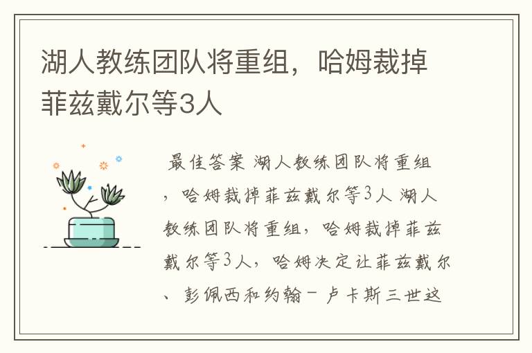湖人教练团队将重组,哈姆裁掉菲兹戴尔等3人