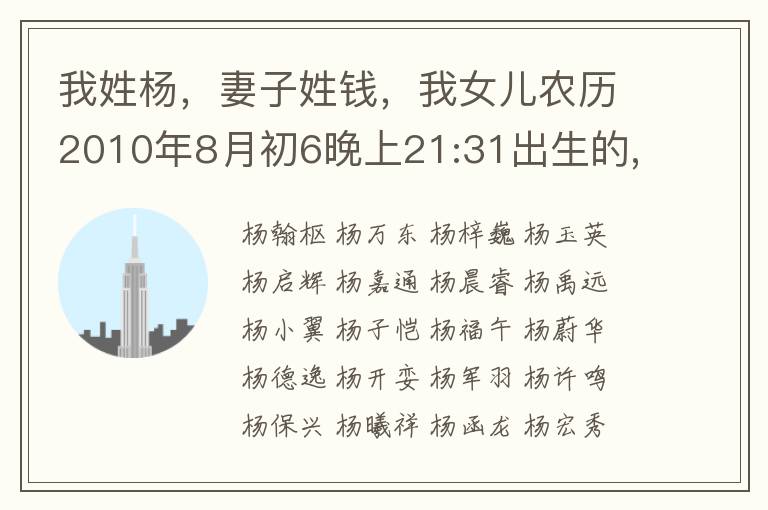 我姓杨,妻子姓钱,我女儿农历2010年8月初6晚上21:31出生的,请帮取名并打分