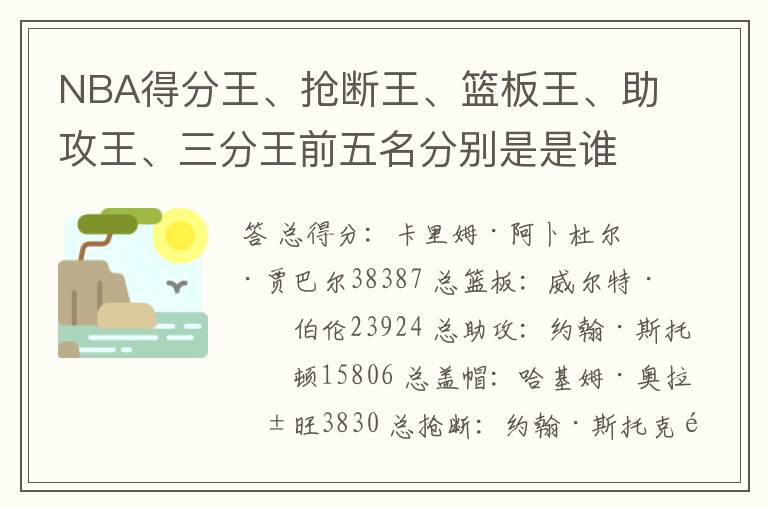 NBA得分王、抢断王、篮板王、助攻王、三分王前五名分别是是谁?