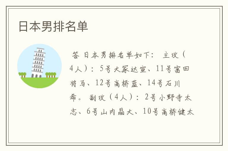 日本男排名单