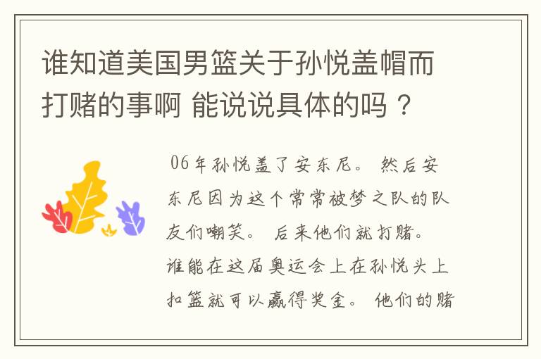 谁知道美国男篮关于孙悦盖帽而打赌的事啊 能说说具体的吗 ?