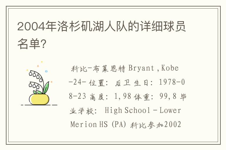 2004年洛杉矶湖人队的详细球员名单?