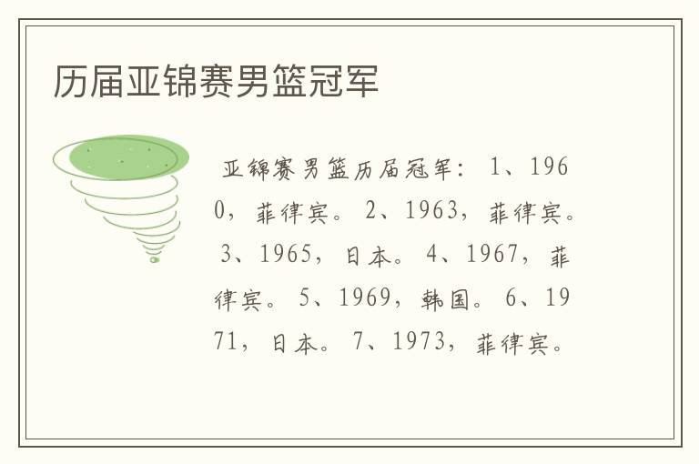 历届亚锦赛男篮冠军