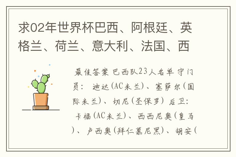 求02年世界杯巴西、阿根廷、英格兰、荷兰、意大利、法国、西班牙的全部阵容