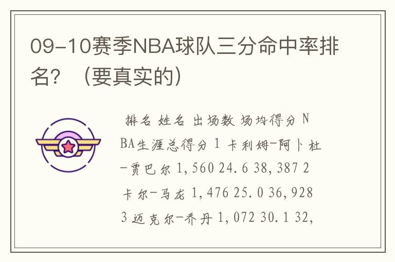 09-10赛季NBA球队三分命中率排名？（要真实的）