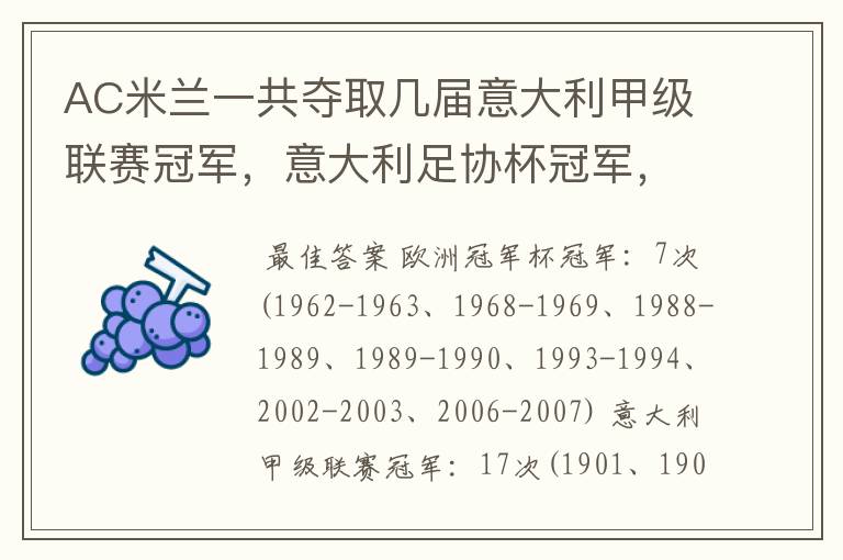AC米兰一共夺取几届意大利甲级联赛冠军,意大利足协杯冠军,欧洲俱乐部冠军,欧洲超级杯冠军,丰田杯冠军