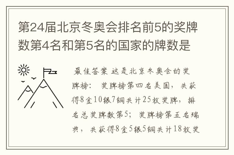 第24届北京冬奥会排名前5的奖牌数第4名和第5名的国家的牌数是多少?