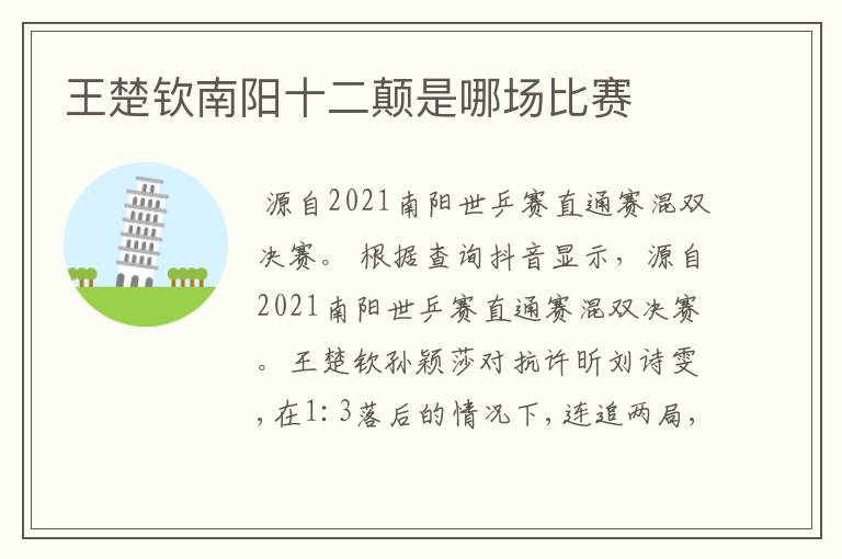 王楚钦南阳十二颠是哪场比赛