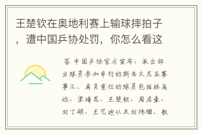 王楚钦在奥地利赛上输球摔拍子,遭中国乒协处罚,你怎么看这件事?