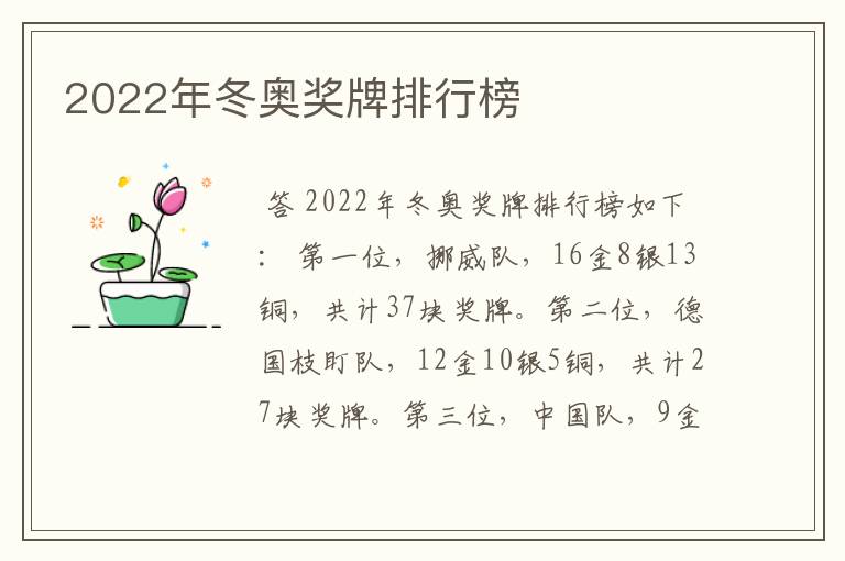 2022年冬奥奖牌排行榜