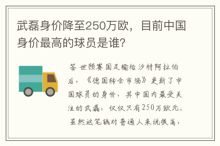 武磊身价降至250万欧,目前中国身价最高的球员是谁?