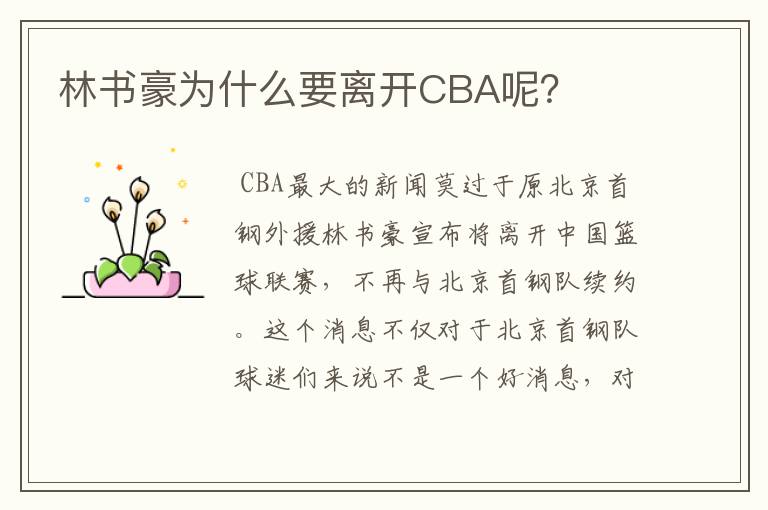 林书豪为什么要离开CBA呢？