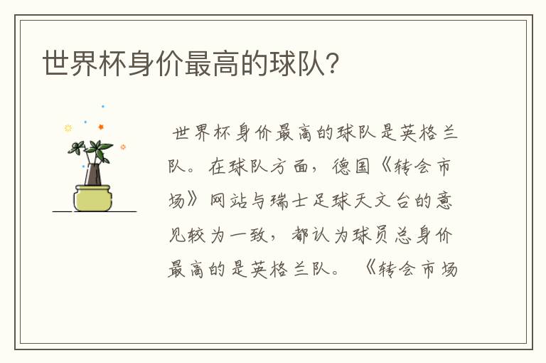 世界杯身价最高的球队？