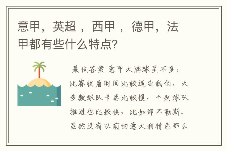 意甲,英超 ,西甲 ,德甲,法甲都有些什么特点?
