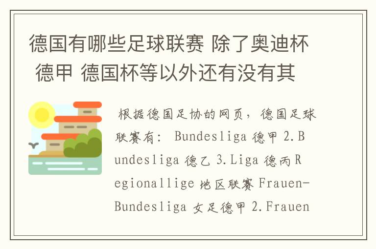 德国有哪些足球联赛 除了奥迪杯 德甲 德国杯等以外还有没有其他的?