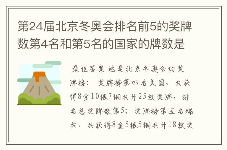 第24届北京冬奥会排名前5的奖牌数第4名和第5名的国家的牌数是多少?