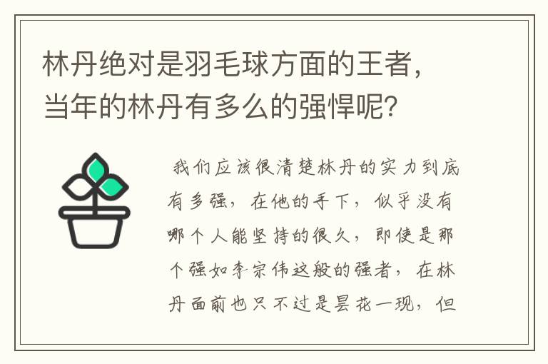林丹绝对是羽毛球方面的王者,当年的林丹有多么的强悍呢?