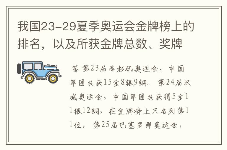 我国23-29夏季奥运会金牌榜上的排名,以及所获金牌总数、奖牌总数、奖牌分布
