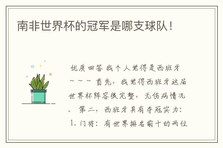 南非世界杯的冠军是哪支球队!
