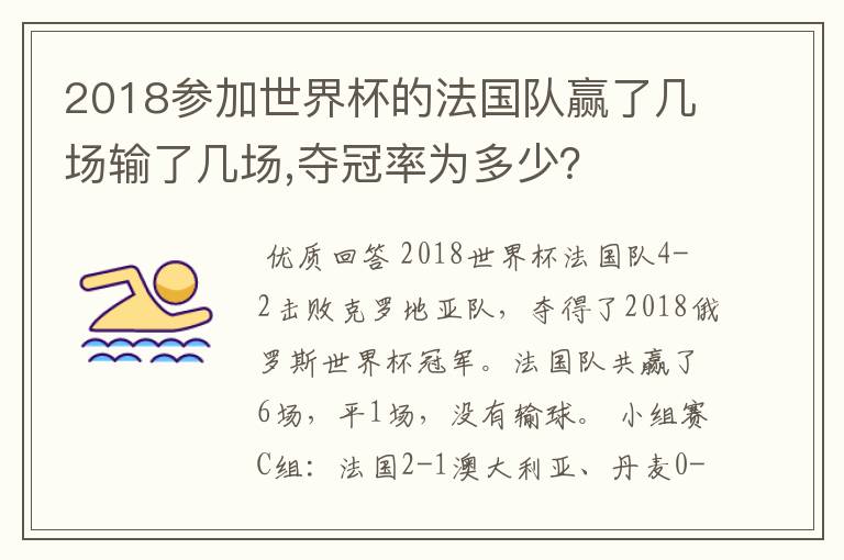 2018参加世界杯的法国队赢了几场输了几场,夺冠率为多少?