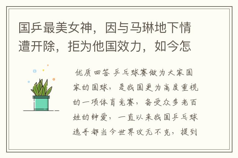 国乒最美女神,因与马琳地下情遭开除,拒为他国效力,如今怎样了?