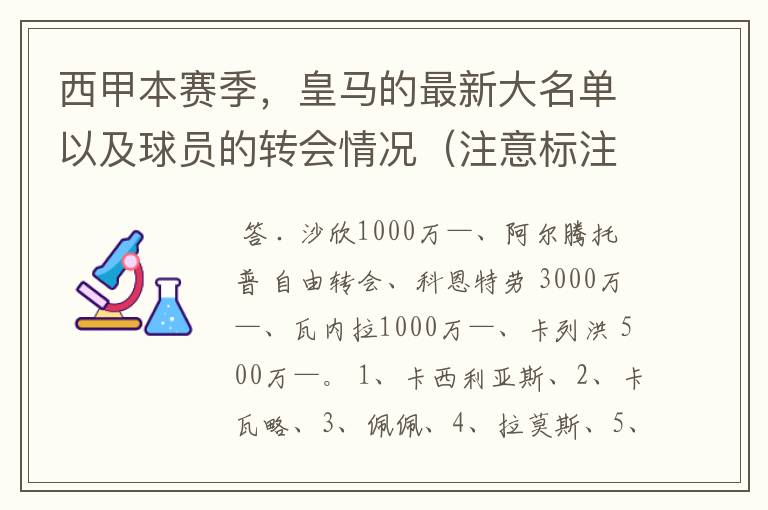 西甲本赛季,皇马的最新大名单以及球员的转会情况(注意标注球员身价)