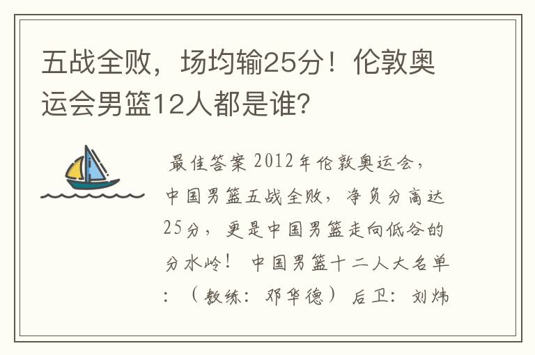 五战全败,场均输25分!伦敦奥运会男篮12人都是谁?