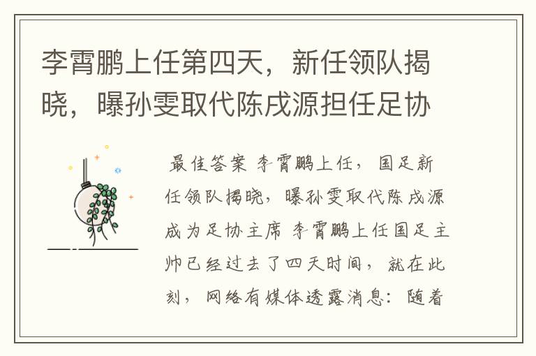 李霄鹏上任第四天,新任领队揭晓,曝孙雯取代陈戌源担任足协主席