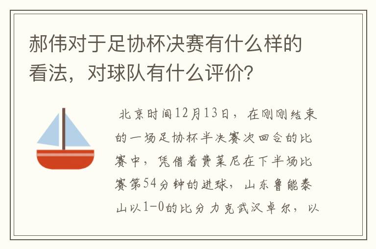 郝伟对于足协杯决赛有什么样的看法,对球队有什么评价?