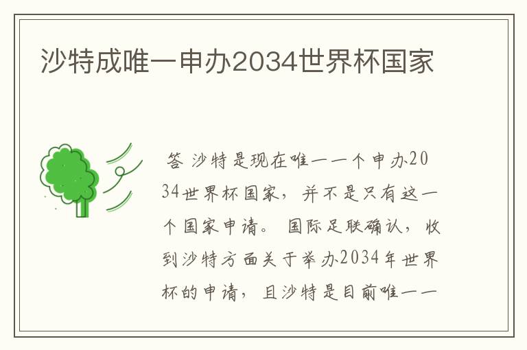 沙特成唯一申办2034世界杯国家