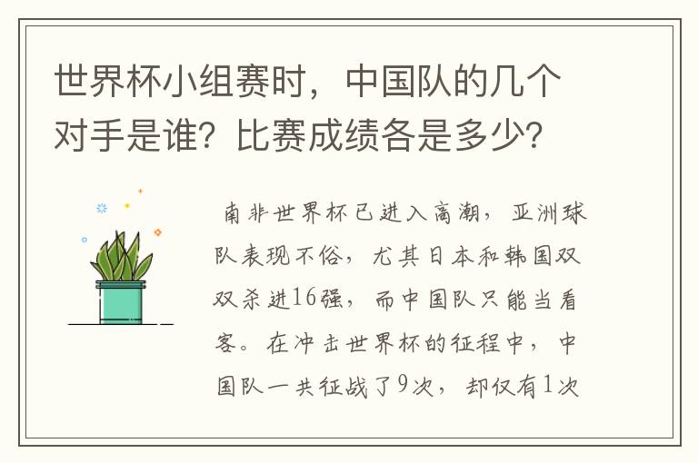 世界杯小组赛时,中国队的几个对手是谁?比赛成绩各是多少?
