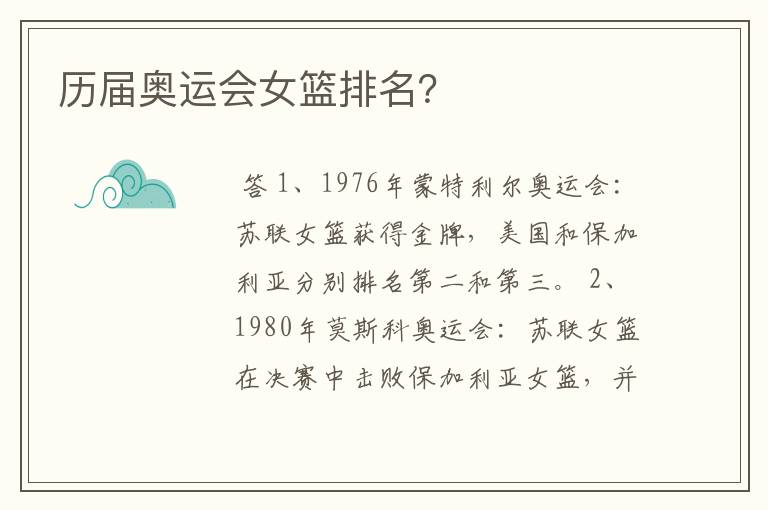 历届奥运会女篮排名?