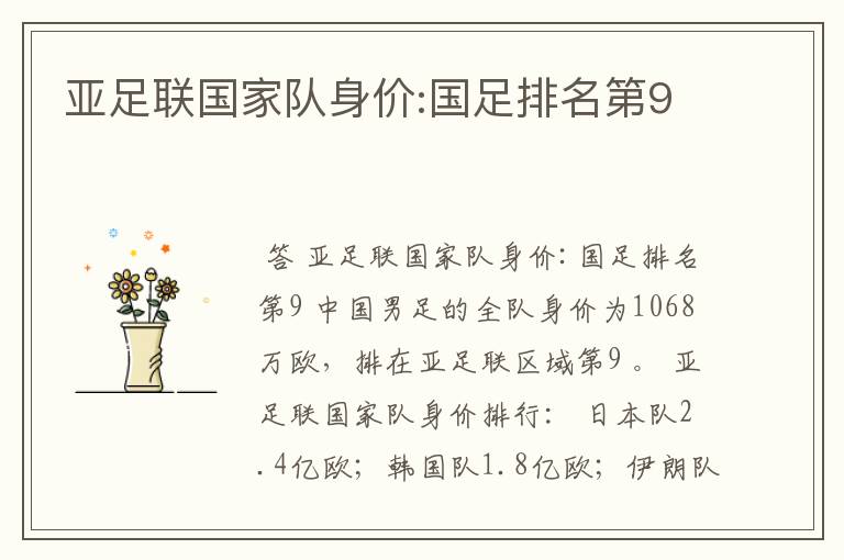 亚足联国家队身价:国足排名第9