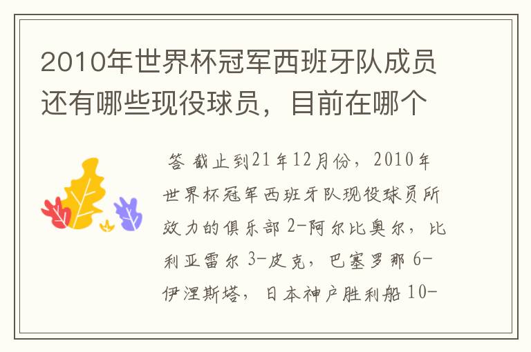 2010年世界杯冠军西班牙队成员还有哪些现役球员,目前在哪个俱乐部?