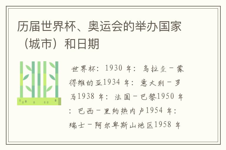 历届世界杯、奥运会的举办国家(城市)和日期