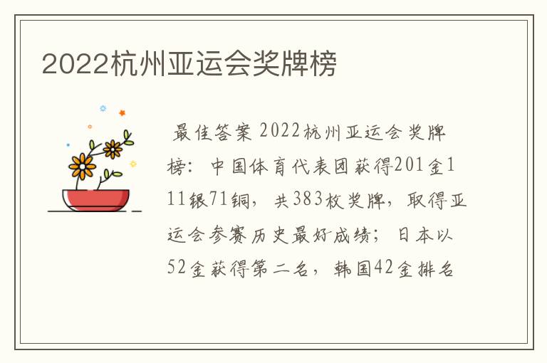 2022杭州亚运会奖牌榜