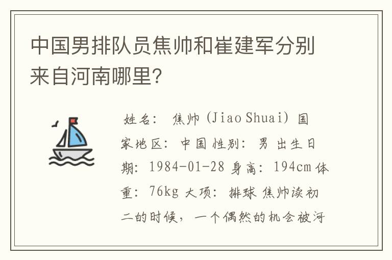 中国男排队员焦帅和崔建军分别来自河南哪里?
