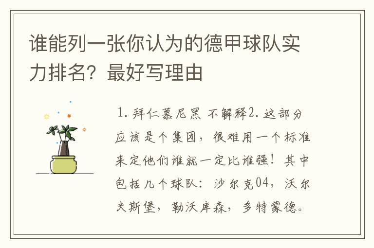 谁能列一张你认为的德甲球队实力排名?最好写理由