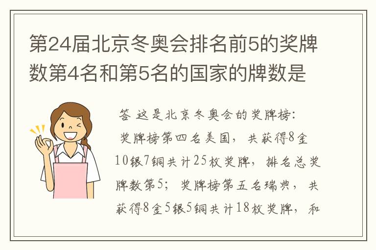 第24届北京冬奥会排名前5的奖牌数第4名和第5名的国家的牌数是多少？