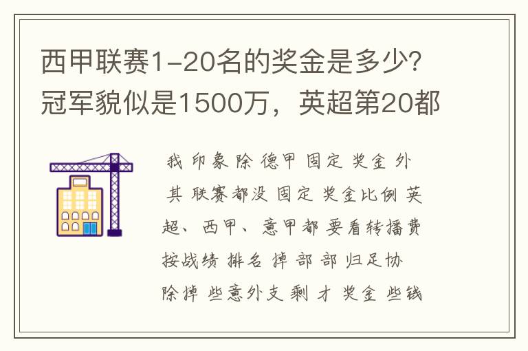 西甲联赛1-20名的奖金是多少?冠军貌似是1500万,英超第20都是4000万呀!