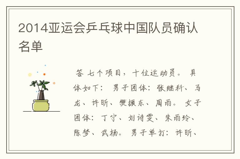2014亚运会乒乓球中国队员确认名单