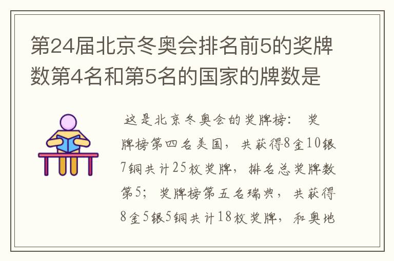 第24届北京冬奥会排名前5的奖牌数第4名和第5名的国家的牌数是多少?