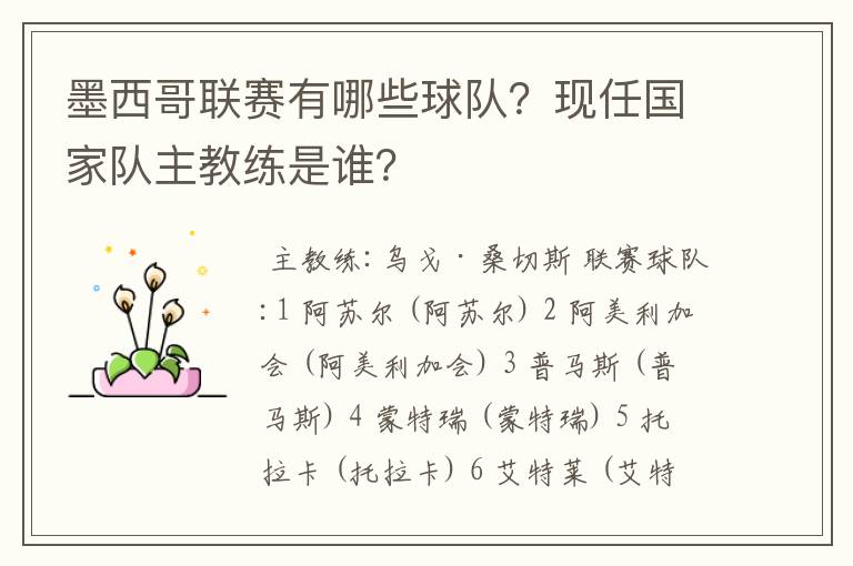 墨西哥联赛有哪些球队?现任国家队主教练是谁?