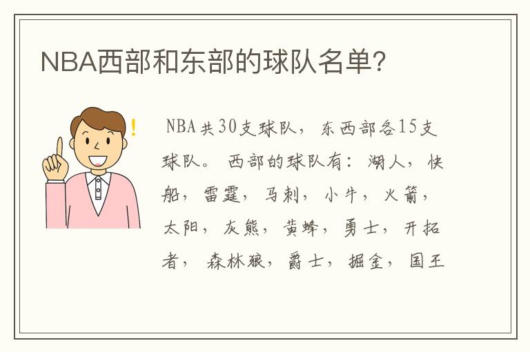 NBA西部和东部的球队名单?