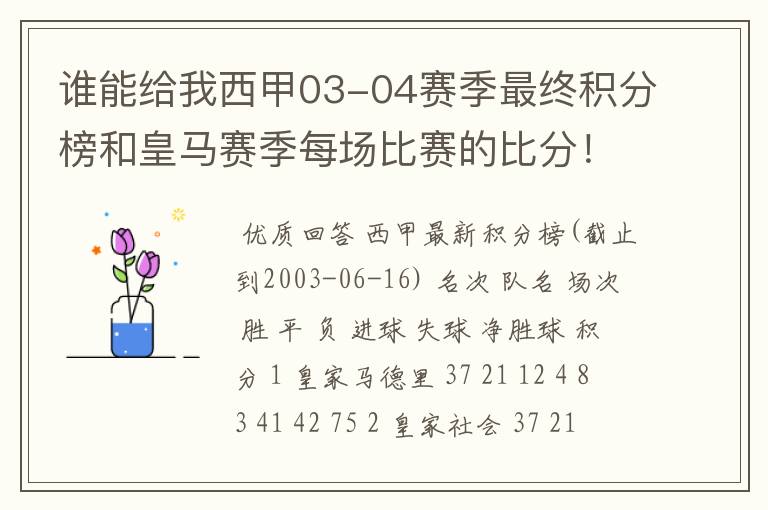 谁能给我西甲03-04赛季最终积分榜和皇马赛季每场比赛的比分!