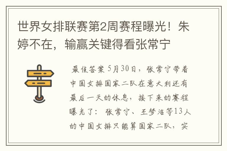 世界女排联赛第2周赛程曝光!朱婷不在,输赢关键得看张常宁