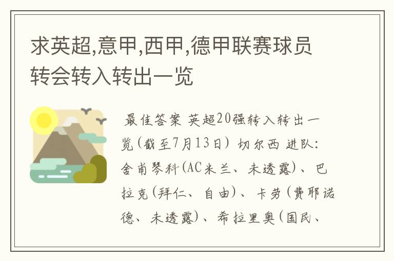 求英超,意甲,西甲,德甲联赛球员转会转入转出一览
